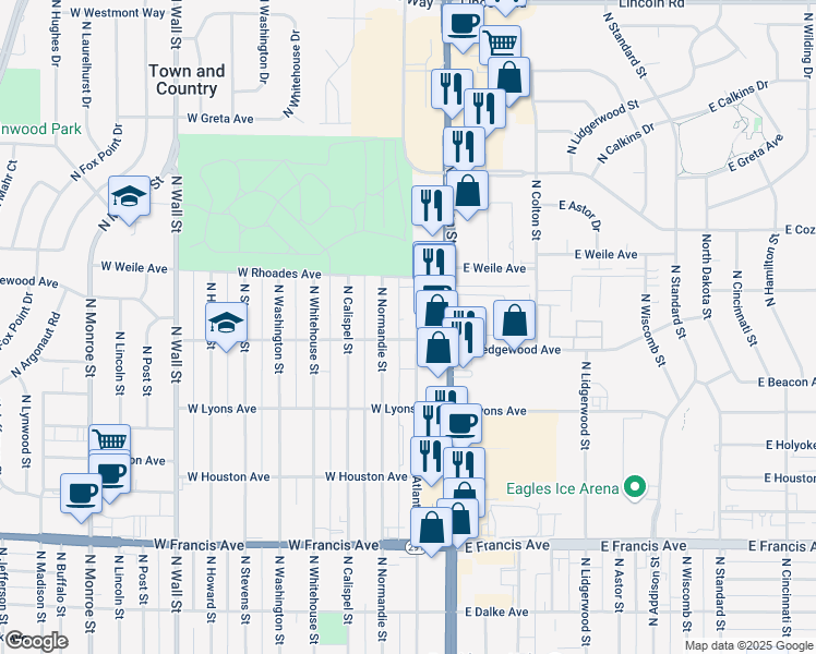 map of restaurants, bars, coffee shops, grocery stores, and more near 6915 North Atlantic Street in Spokane