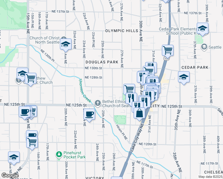 map of restaurants, bars, coffee shops, grocery stores, and more near 12555 26th Avenue Northeast in Seattle