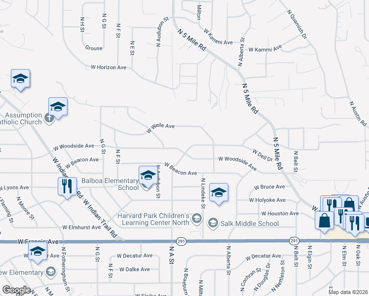 map of restaurants, bars, coffee shops, grocery stores, and more near 2904 West Woodside Avenue in Spokane