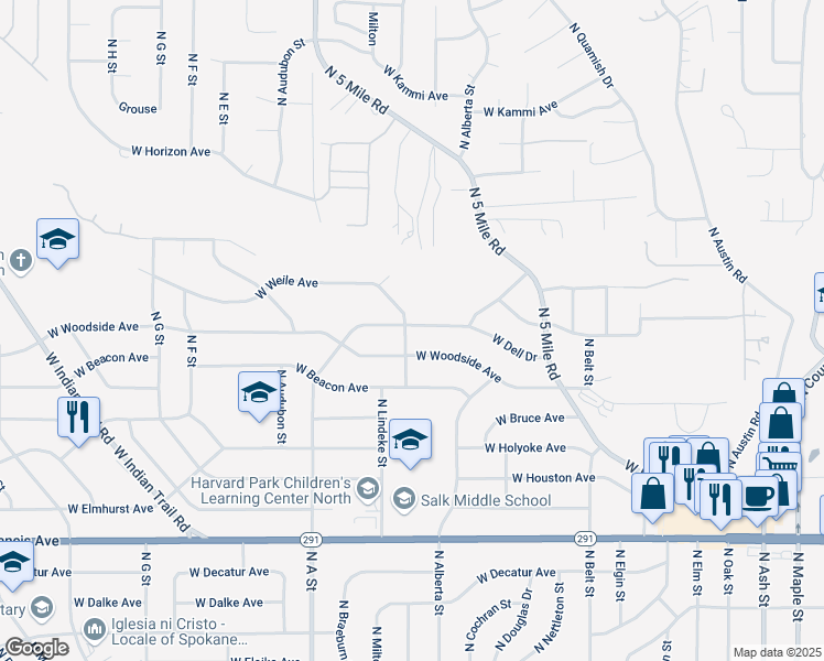 map of restaurants, bars, coffee shops, grocery stores, and more near 2631 West Dell Drive in Spokane