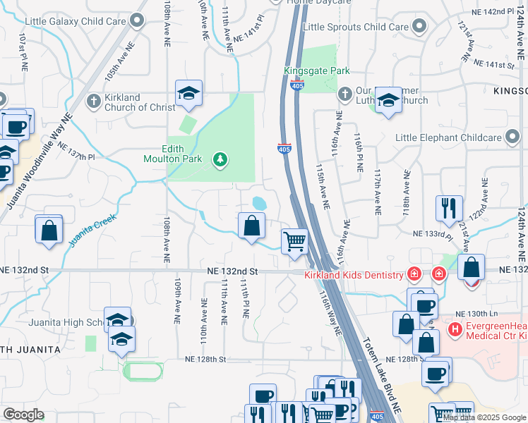 map of restaurants, bars, coffee shops, grocery stores, and more near 11400 Northeast 132nd Street in Kirkland