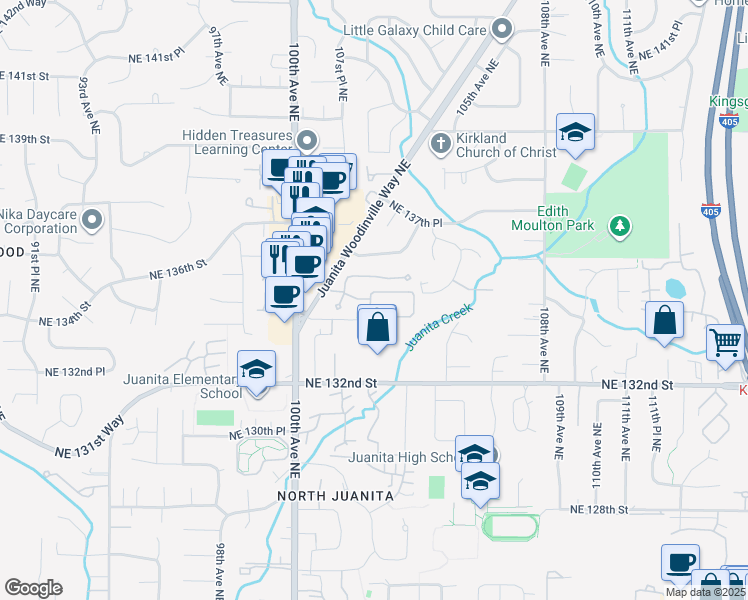 map of restaurants, bars, coffee shops, grocery stores, and more near 10114 Northeast 134th Lane in Kirkland