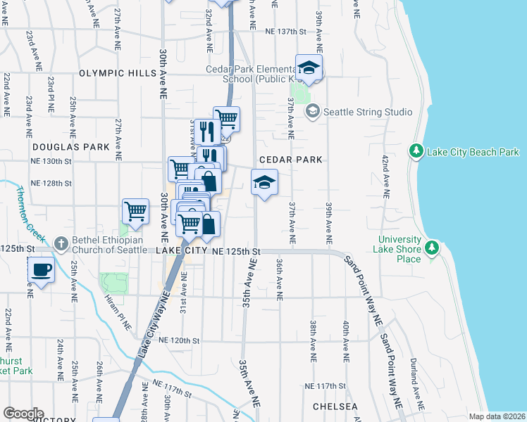 map of restaurants, bars, coffee shops, grocery stores, and more near 12558 35th Avenue Northeast in Seattle