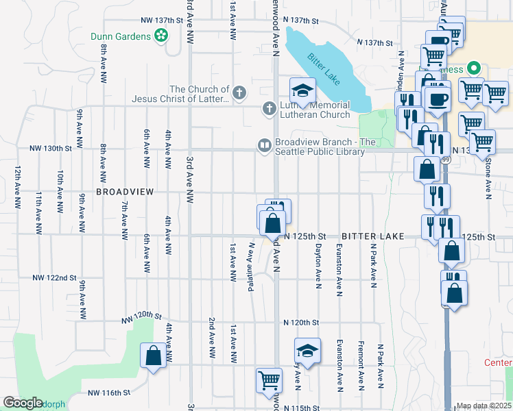 map of restaurants, bars, coffee shops, grocery stores, and more near 12507 Greenwood Avenue North in Seattle