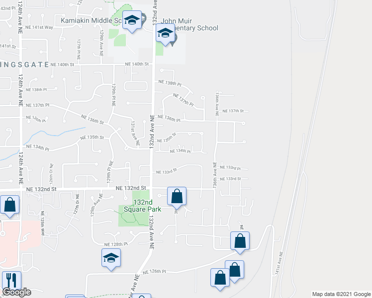 map of restaurants, bars, coffee shops, grocery stores, and more near 13376 Northeast 134th Place in Kirkland