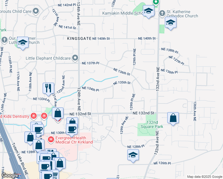 map of restaurants, bars, coffee shops, grocery stores, and more near 13329 127th Place Northeast in Kirkland