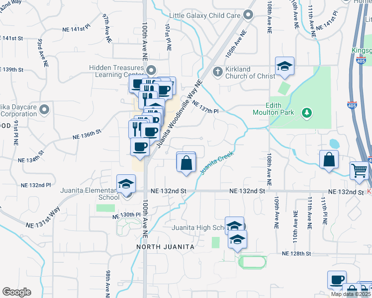 map of restaurants, bars, coffee shops, grocery stores, and more near 10211 Northeast 134th Lane in Kirkland