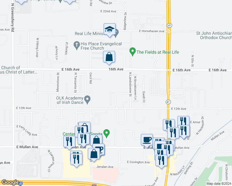 map of restaurants, bars, coffee shops, grocery stores, and more near 1302 Monticello Street in Post Falls