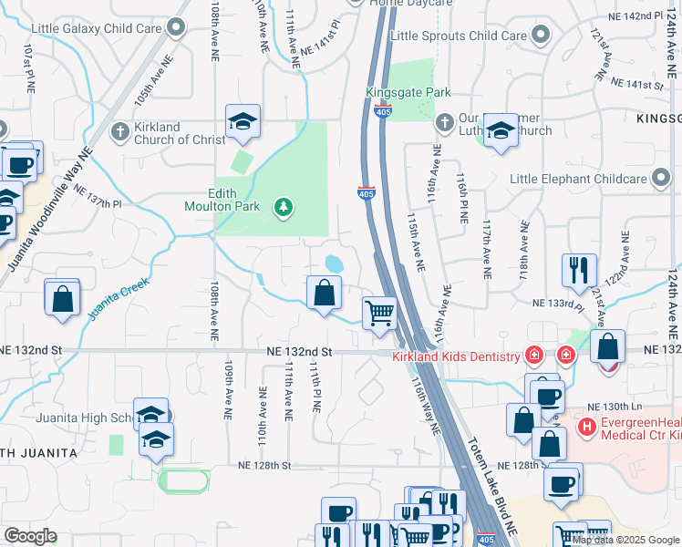 map of restaurants, bars, coffee shops, grocery stores, and more near 11400 Northeast 132nd Street in Kirkland