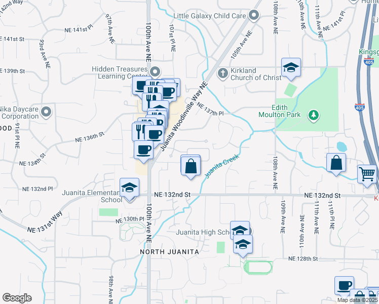 map of restaurants, bars, coffee shops, grocery stores, and more near 10114 Northeast 134th Lane in Kirkland