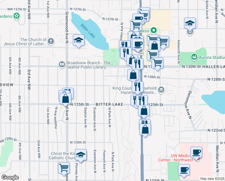 map of restaurants, bars, coffee shops, grocery stores, and more near 12546 North Park Avenue North in Seattle