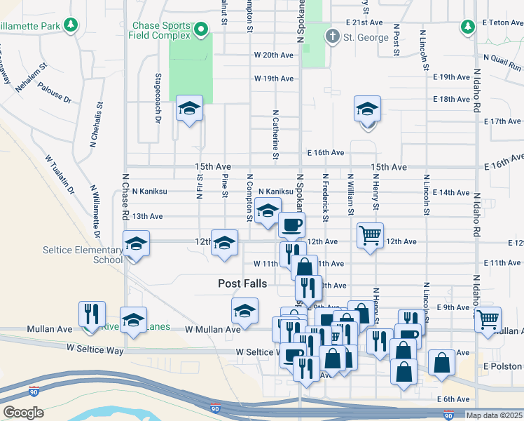map of restaurants, bars, coffee shops, grocery stores, and more near 208 West 13th Avenue in Post Falls