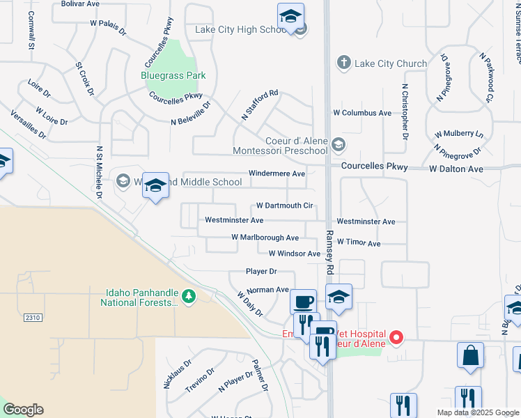map of restaurants, bars, coffee shops, grocery stores, and more near 1942 West Dartmouth Circle in Coeur d'Alene