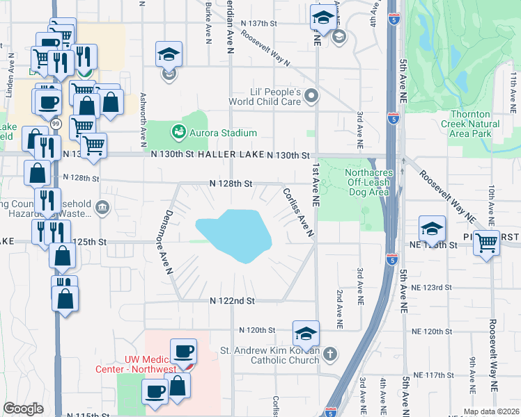 map of restaurants, bars, coffee shops, grocery stores, and more near 2155 North 128th Street in Seattle