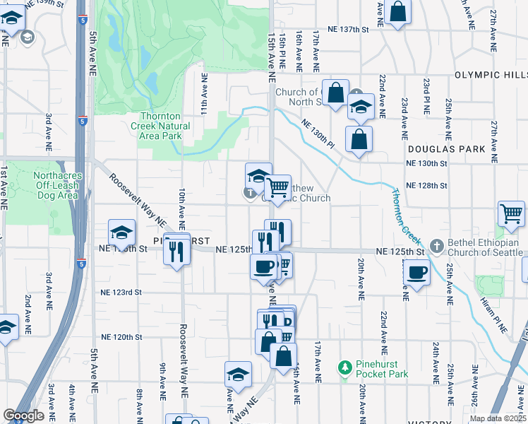 map of restaurants, bars, coffee shops, grocery stores, and more near 12559 15th Avenue Northeast in Seattle