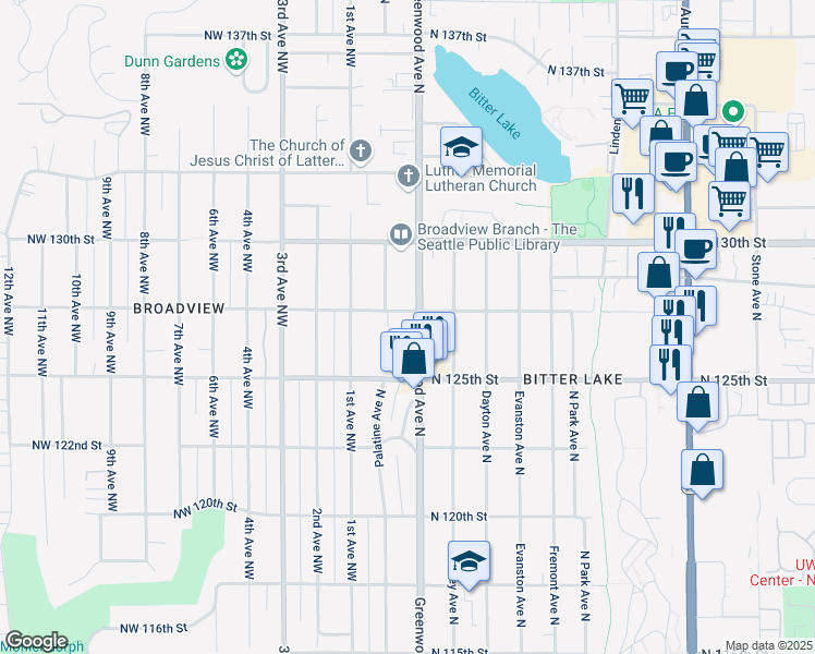 map of restaurants, bars, coffee shops, grocery stores, and more near 12507 Greenwood Avenue North in Seattle