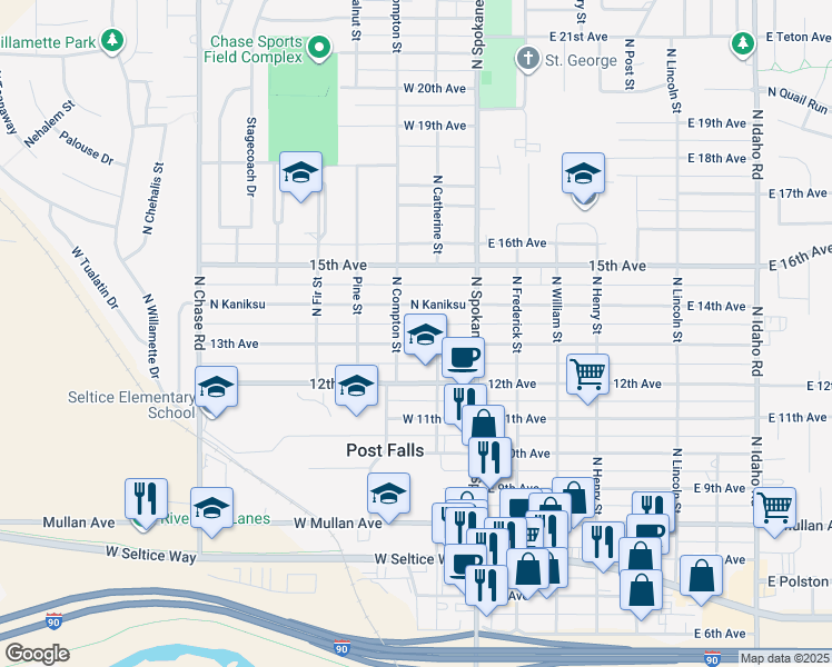 map of restaurants, bars, coffee shops, grocery stores, and more near 208 West 13th Avenue in Post Falls