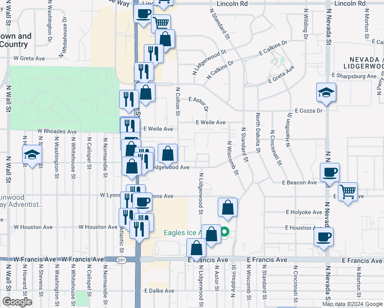 map of restaurants, bars, coffee shops, grocery stores, and more near 219 East Wedgewood Avenue in Spokane