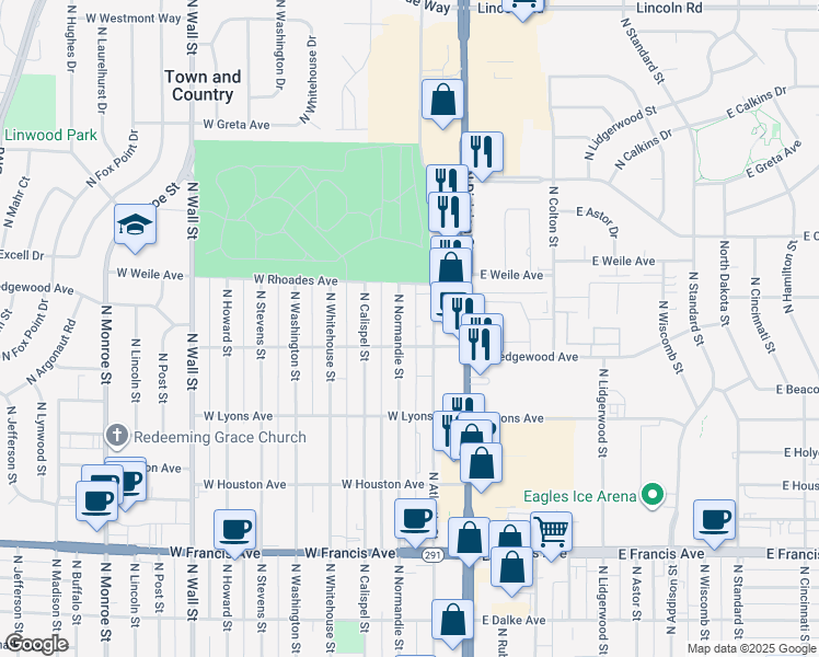 map of restaurants, bars, coffee shops, grocery stores, and more near 6916 North Normandie Street in Spokane