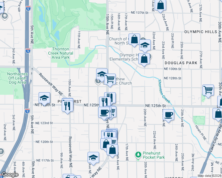 map of restaurants, bars, coffee shops, grocery stores, and more near 12559 17th Avenue Northeast in Seattle