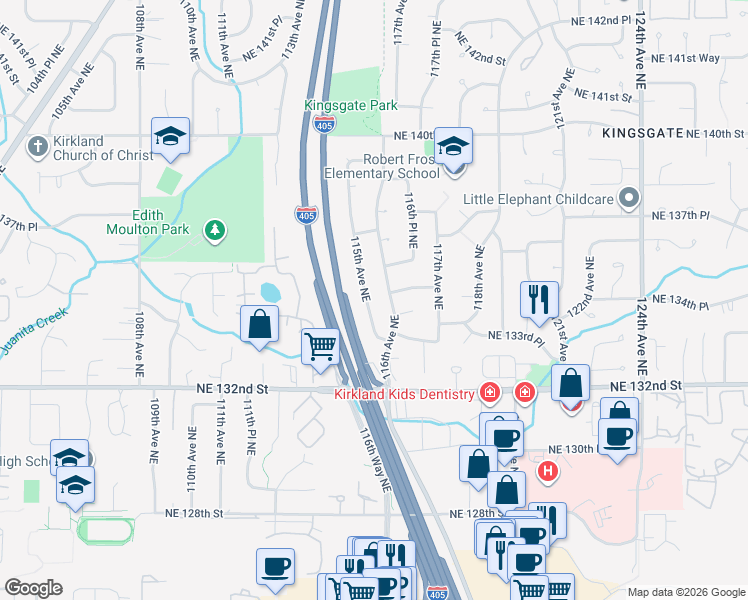 map of restaurants, bars, coffee shops, grocery stores, and more near 13416 115th Avenue Northeast in Kirkland