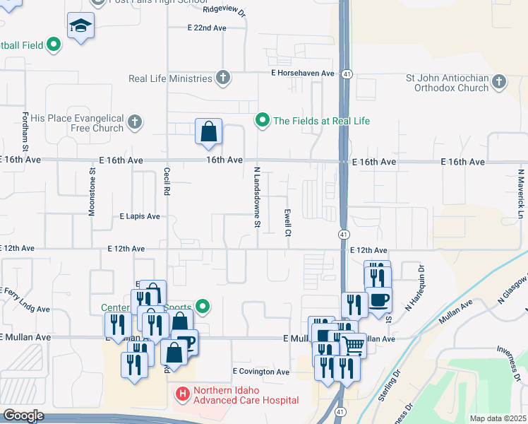 map of restaurants, bars, coffee shops, grocery stores, and more near 1385 North Brookhaven Lane in Post Falls