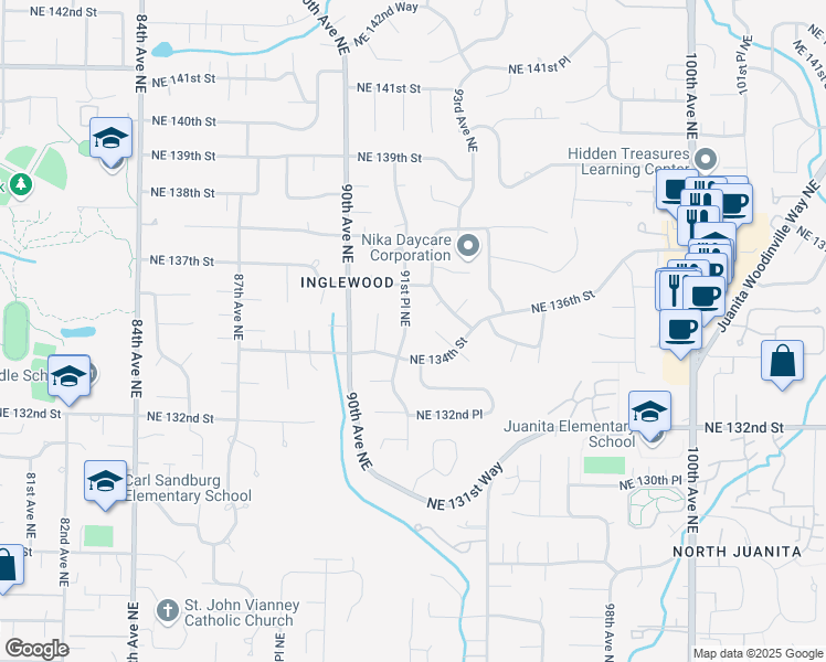 map of restaurants, bars, coffee shops, grocery stores, and more near 13424 91st Place Northeast in Kirkland