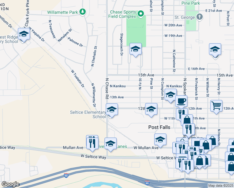 map of restaurants, bars, coffee shops, grocery stores, and more near 708 West 13th Avenue in Post Falls