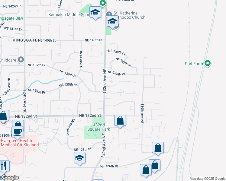map of restaurants, bars, coffee shops, grocery stores, and more near 13342 Northeast 134th Place in Kirkland