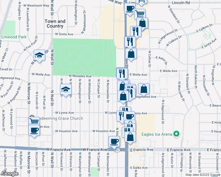 map of restaurants, bars, coffee shops, grocery stores, and more near 6916 North Normandie Street in Spokane