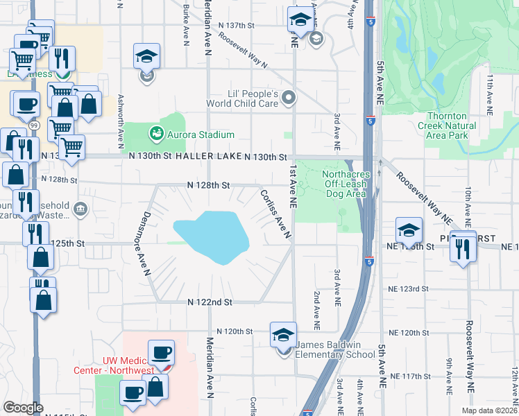 map of restaurants, bars, coffee shops, grocery stores, and more near 12575 Corliss Avenue North in Seattle
