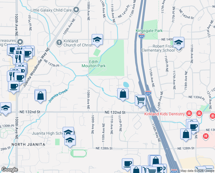 map of restaurants, bars, coffee shops, grocery stores, and more near 13437 110th Place Northeast in Kirkland