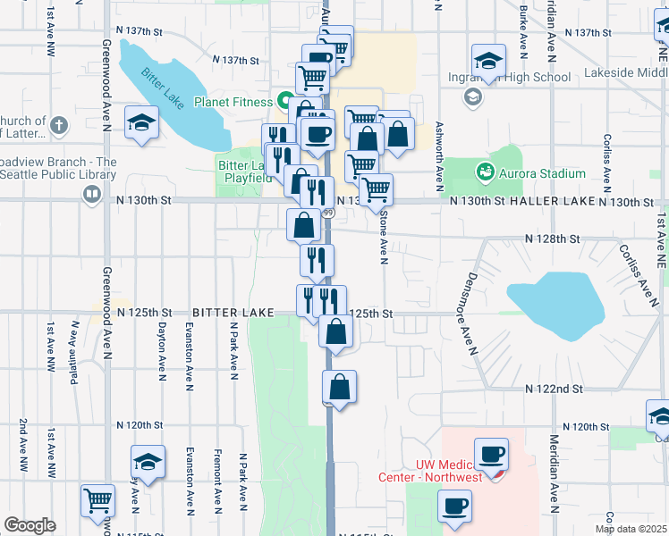 map of restaurants, bars, coffee shops, grocery stores, and more near 12550 Aurora Avenue North in Seattle