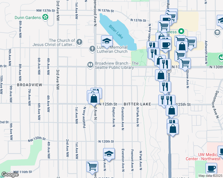 map of restaurants, bars, coffee shops, grocery stores, and more near 12551 Dayton Avenue North in Seattle