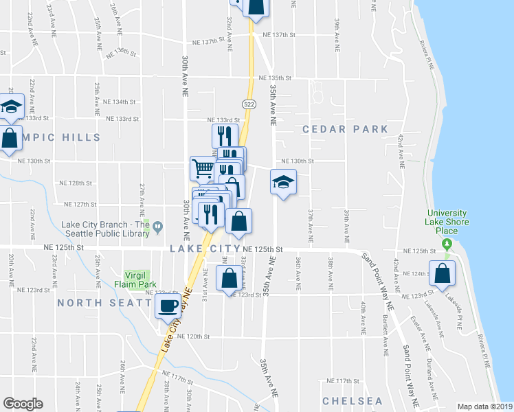 map of restaurants, bars, coffee shops, grocery stores, and more near 12568 33rd Avenue Northeast in Seattle