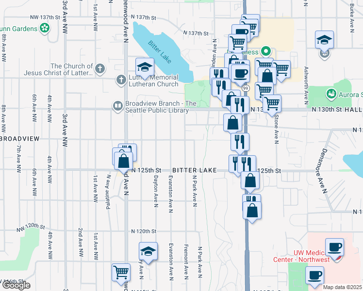 map of restaurants, bars, coffee shops, grocery stores, and more near 12551 Fremont Avenue North in Seattle