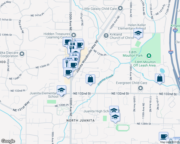 map of restaurants, bars, coffee shops, grocery stores, and more near 10211 Northeast 134th Lane in Kirkland