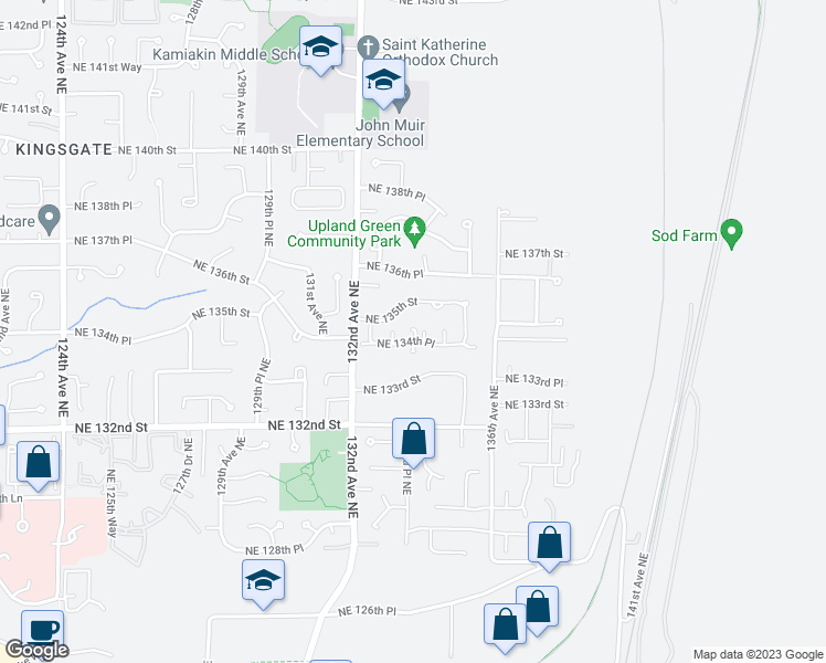 map of restaurants, bars, coffee shops, grocery stores, and more near 13356 Northeast 134th Place in Kirkland