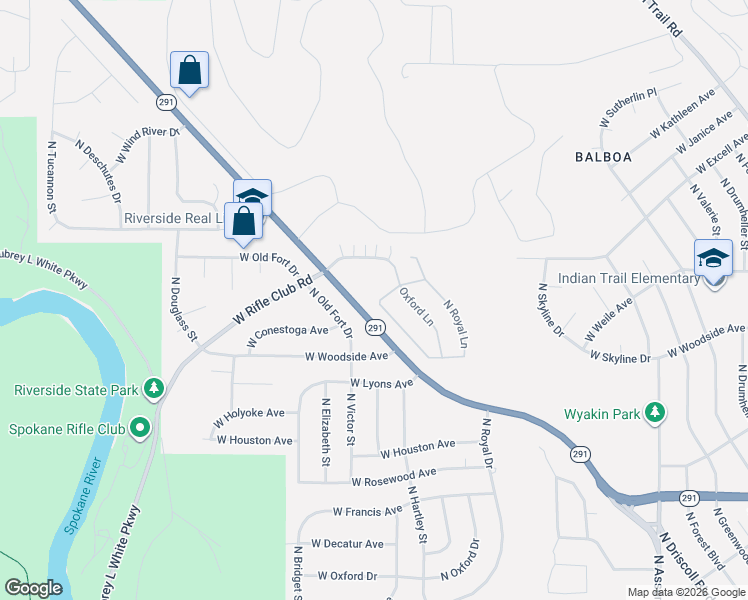 map of restaurants, bars, coffee shops, grocery stores, and more near 5226 North Cambridge Lane in Spokane
