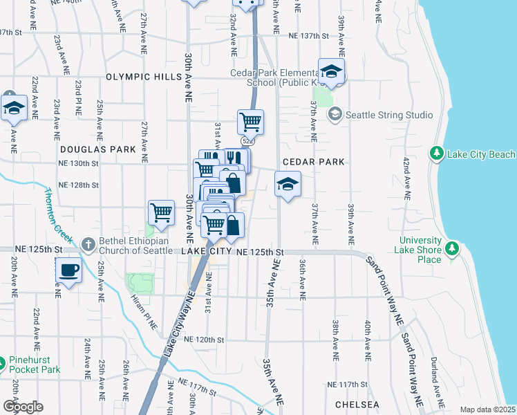 map of restaurants, bars, coffee shops, grocery stores, and more near 12568 1/2 33rd Avenue Northeast in Seattle