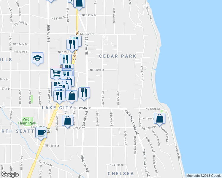 map of restaurants, bars, coffee shops, grocery stores, and more near 12701 39th Avenue Northeast in Seattle