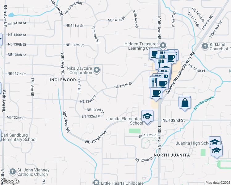 map of restaurants, bars, coffee shops, grocery stores, and more near 13517 95th Avenue Northeast in Kirkland
