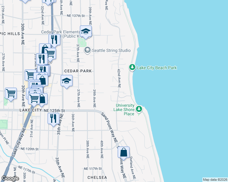 map of restaurants, bars, coffee shops, grocery stores, and more near 12571 42nd Avenue Northeast in Seattle