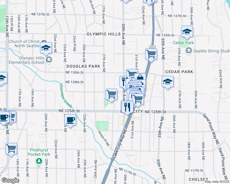 map of restaurants, bars, coffee shops, grocery stores, and more near 2723 Northeast 127th Street in Seattle