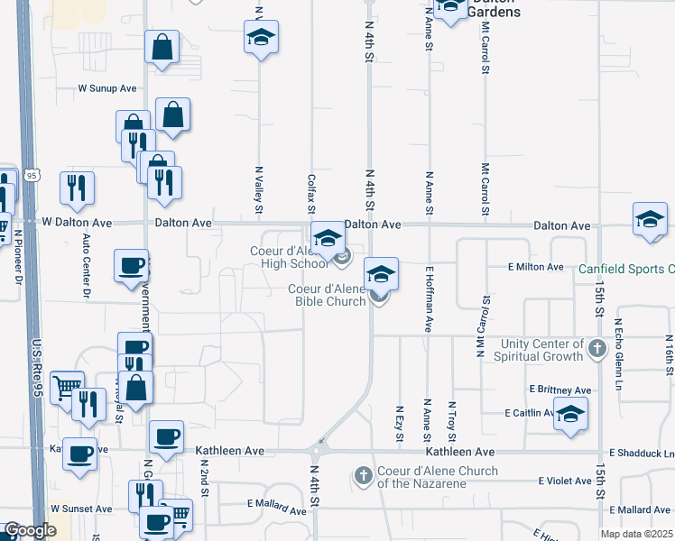 map of restaurants, bars, coffee shops, grocery stores, and more near 5530 North 4th Street in Coeur d'Alene