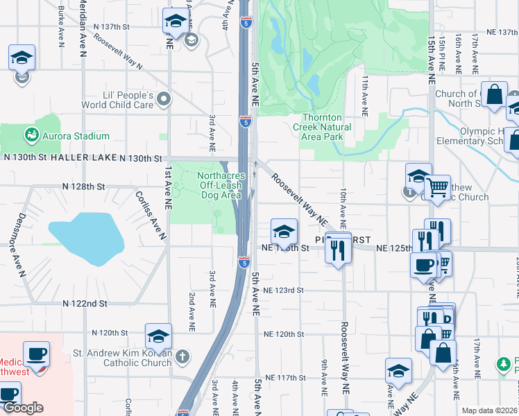 map of restaurants, bars, coffee shops, grocery stores, and more near 503 Northeast 127th Street in Seattle