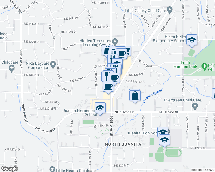 map of restaurants, bars, coffee shops, grocery stores, and more near 13501 100th Avenue Northeast in Kirkland