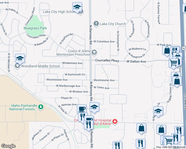 map of restaurants, bars, coffee shops, grocery stores, and more near 5535 North Pacific Avenue in Coeur d'Alene
