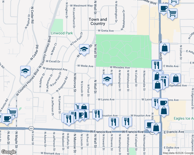 map of restaurants, bars, coffee shops, grocery stores, and more near 6920 North Wall Street in Spokane