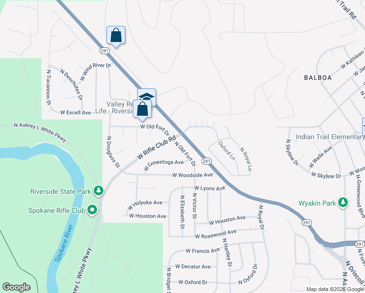 map of restaurants, bars, coffee shops, grocery stores, and more near 6920 North Old Fort Drive in Spokane